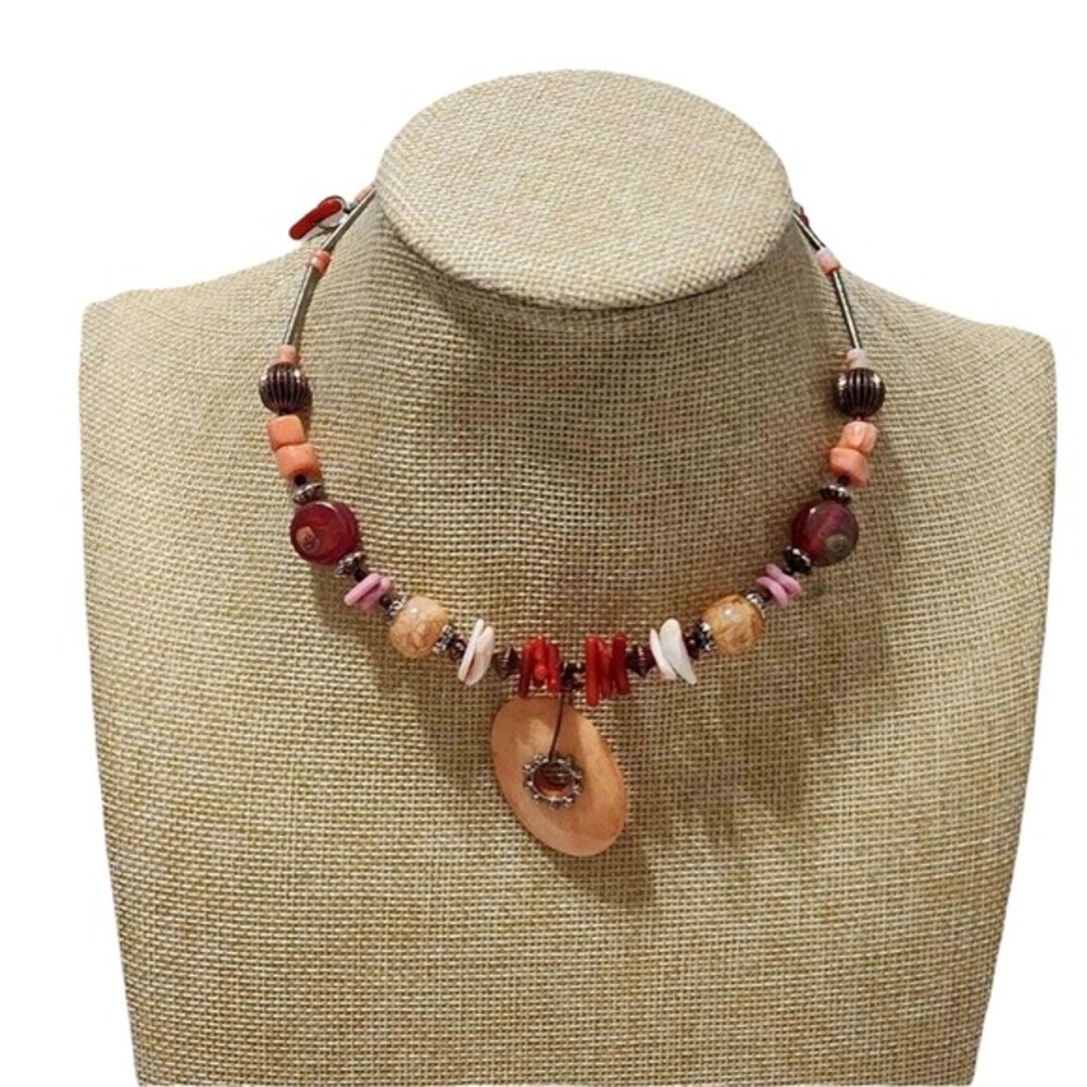 Treska Gypsy Warehouse Beaded Choker Necklace Coral Shell Stone Boho Pendant New